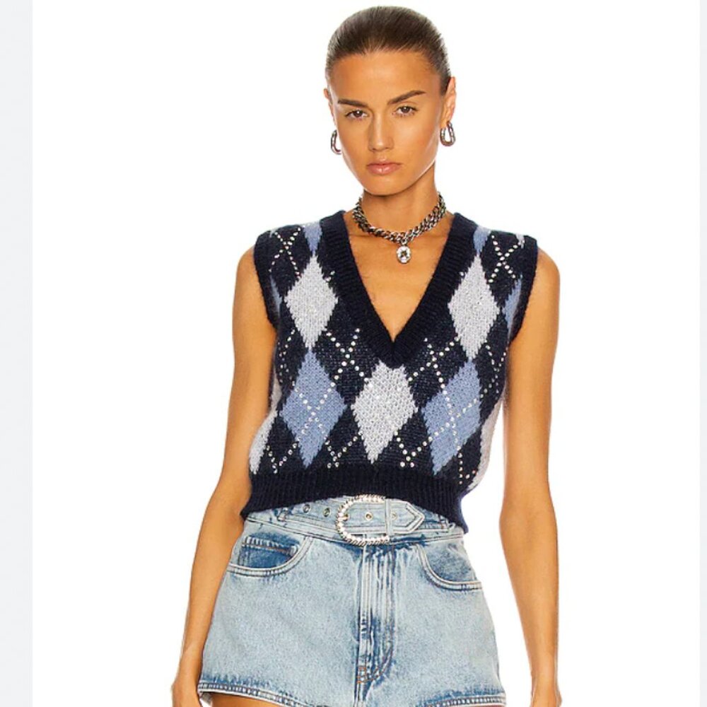 Alessandra Rich Navy Blue V-Neck Argyle  Sweater